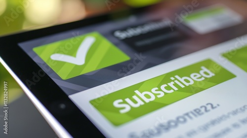 A close-up of a tablet screen displaying a subscription confirmation with a green check mark and the word 