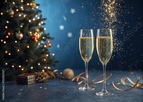 Two champagne glasses with Christmas decorations and golden festive ornaments, celebrating the holiday season and New Year photo