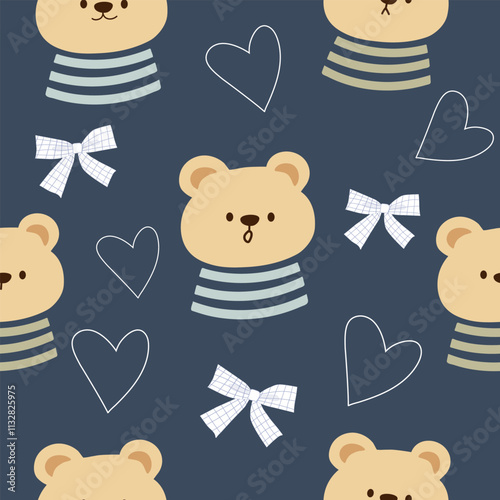  teddy bears  with striped clothes  , bows and heart seamless pattern , vector illustration