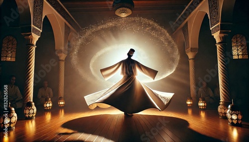 Sufi whirling dervish (Semazen) dances at . Semazen conveys God's spiritual gift to those are witnessing the ritual.