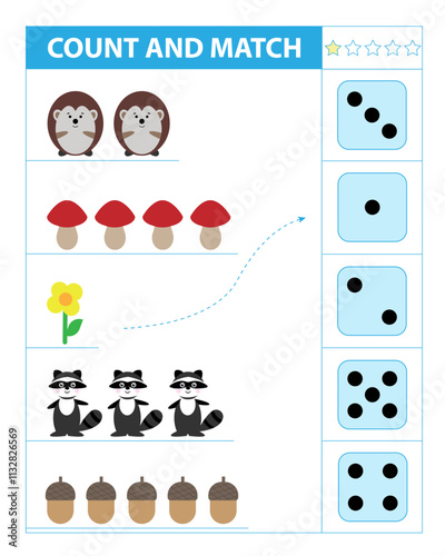 Forest animal world. Count and match objects. Numbers 1-5.