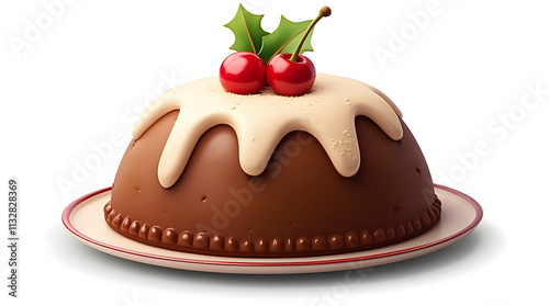 Holiday Pudding with Cherries and Holly Leaves
