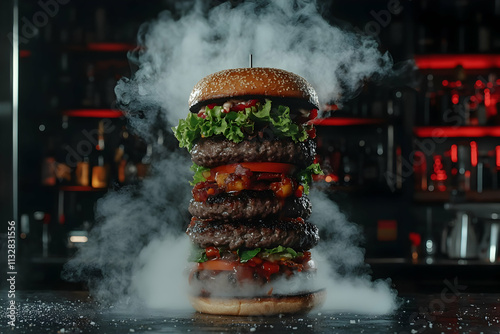 Giant gourmet burger with smoke, multiple patties, cheese, lettuce, and tomato on dark background. photo