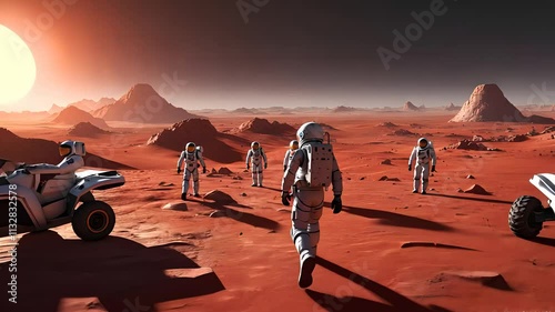 Astronauts Exploring the Red Martian Surface with Rovers Under a Bright Sun in an Alien Landscape

 photo