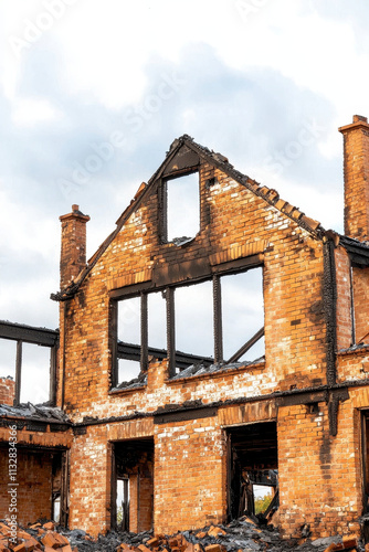 Ruins of burnt warehouse with partially standing walls and charred bricks evoke sense of loss and decay. remnants tell story of destruction and abandonment