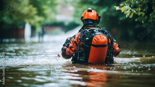 Scene of a rescue diver entering a flooded area to locate missing individuals during a natural disaster photo