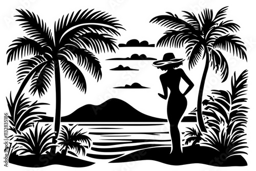 Black silhouette of a young woman at a beach on a white background. photo