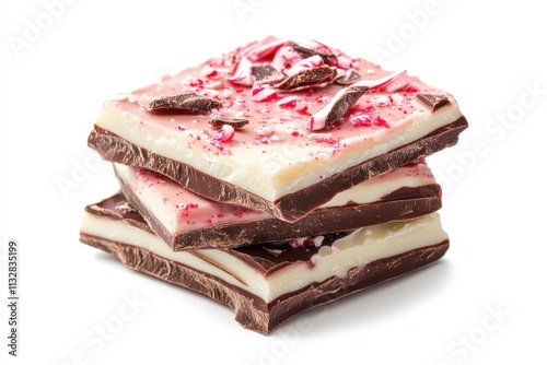 Homemade peppermint bark stacked on a white background showing festive holiday colors and textures photo