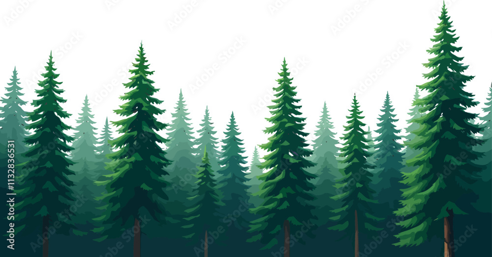 Fototapeta premium Pine trees forest color vector isolated on white. Ai generated