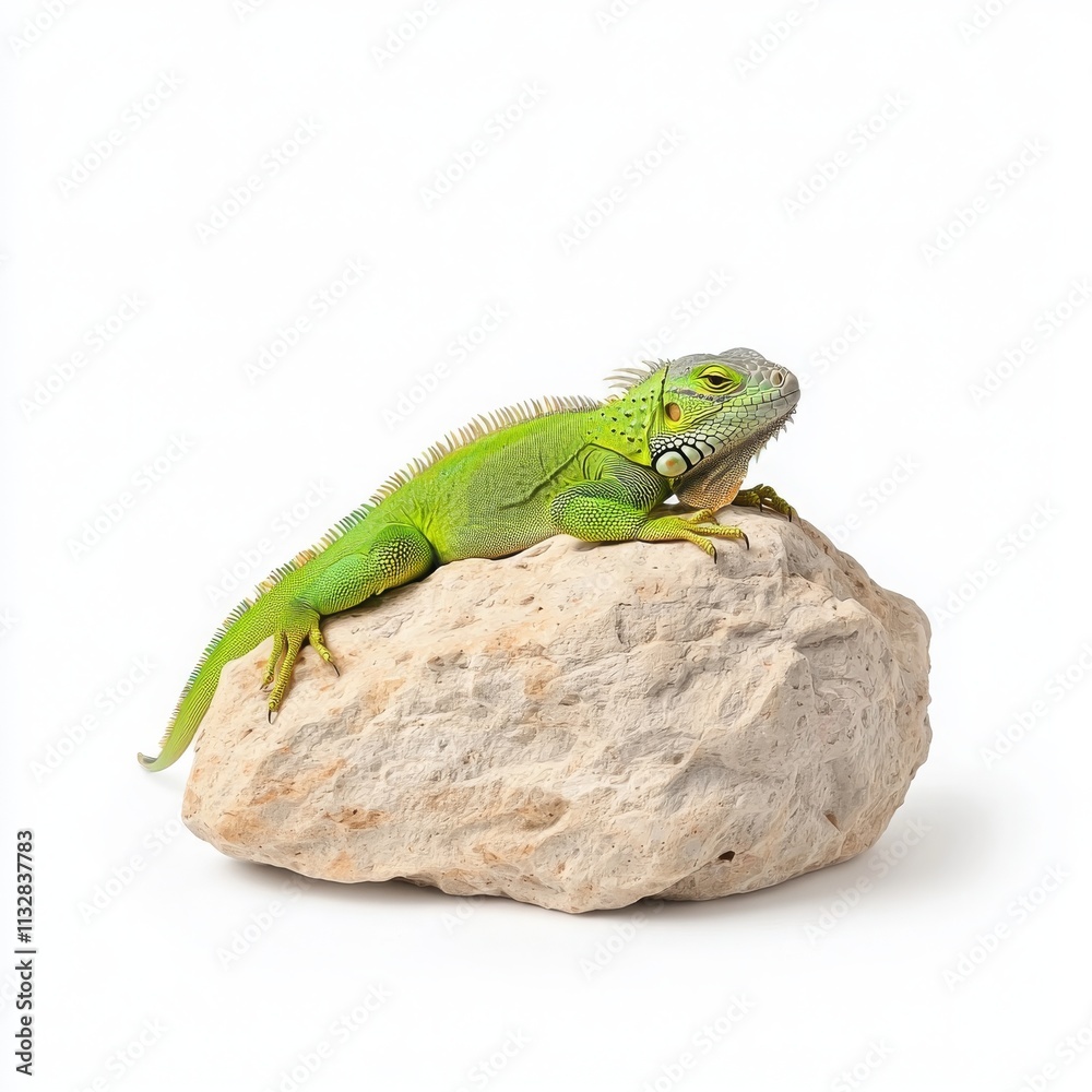Fototapeta premium A Beautiful Green Iguana Basking on a Rock Against a Solid White Background