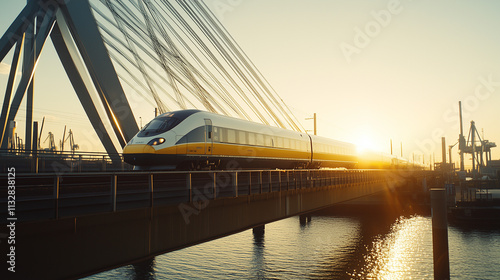 commercial shot of a Stadler train crossing a bridge entering Rotterdam shipyard photo