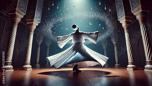 Sufi whirling dervish (Semazen) dances at . Semazen conveys God's spiritual gift to those are witnessing the ritual. photo