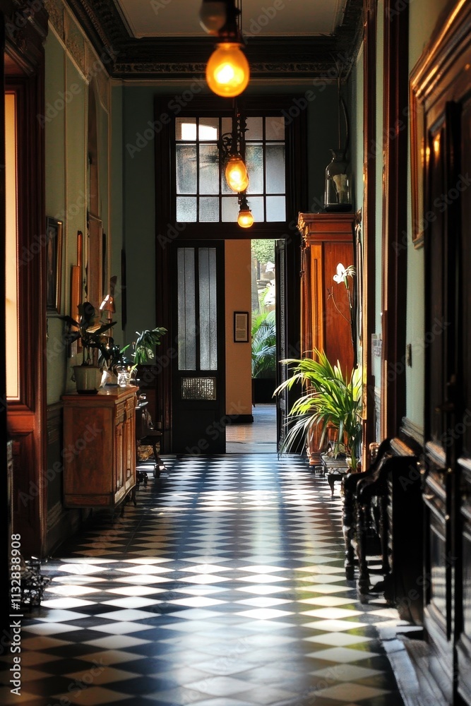Fototapeta premium Elegant Hallway With Checkered Floor And Antique Furnishings