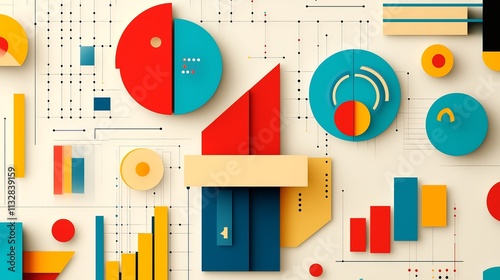 A clean and modern infographic background for stock images, highlighting key business metrics with vibrant bar graphs, pie charts, and numerical data points