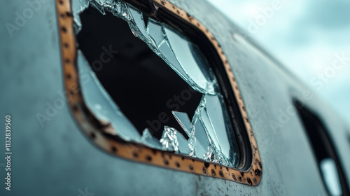 Cracked cockpit window with inward bend signifies vulnerability and destruction against a light grey-blue sky