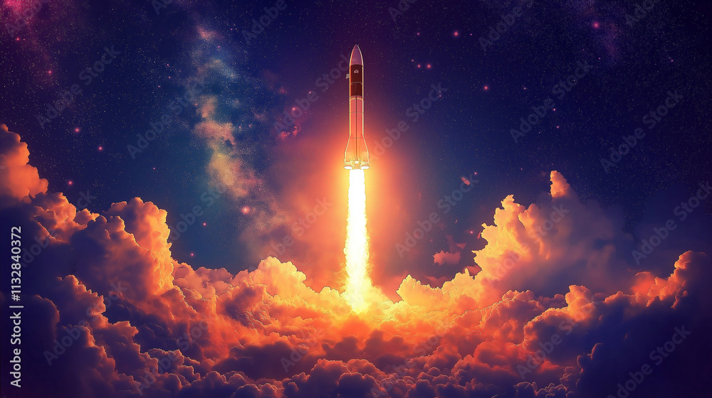 Obraz premium Thrilling Space Journey Begins Rocket Pierces the Night