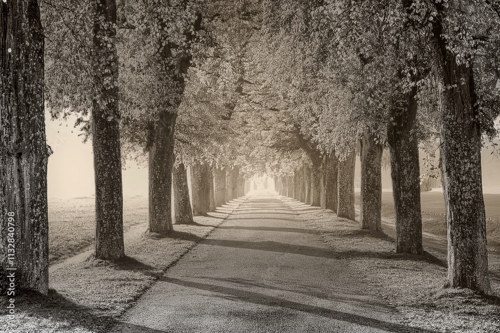 Tree avenue in foggy morning