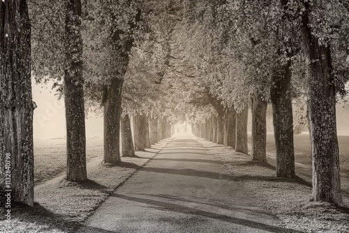 Obraz na płótnie
Tree avenue in foggy morning w salonie