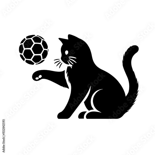 Black cat playing with soccer ball.
