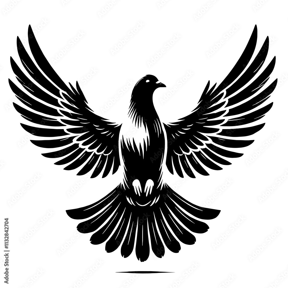 Obraz premium Black and white stylized dove in flight.