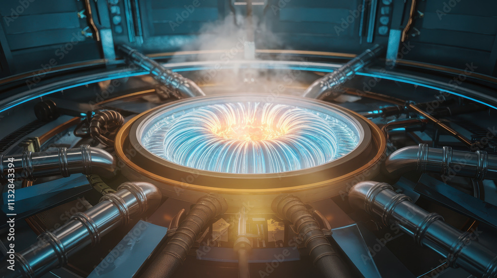 Obraz premium A futuristic energy core featuring vibrant blue and orange illumination, surrounded by metallic pipes and technological elements, creating a dynamic and powerful atmosphere.