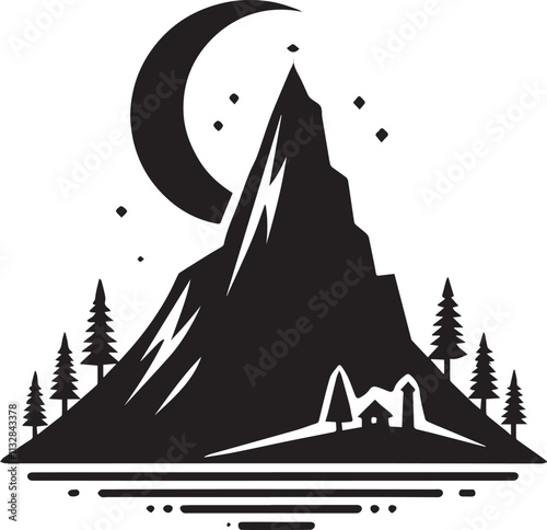 A single tall mountain with a crescent moon hovering above vector silhouette