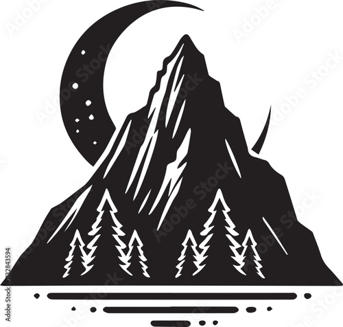 A single tall mountain with a crescent moon hovering above vector silhouette