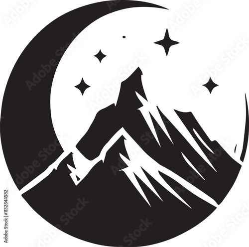 A single tall mountain with a crescent moon hovering above vector silhouette