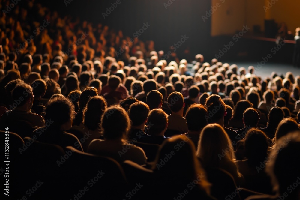 Obraz premium Dark theater, audience watching performance, seated rows.