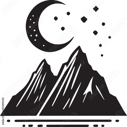 A single tall mountain with a crescent moon hovering above vector silhouette