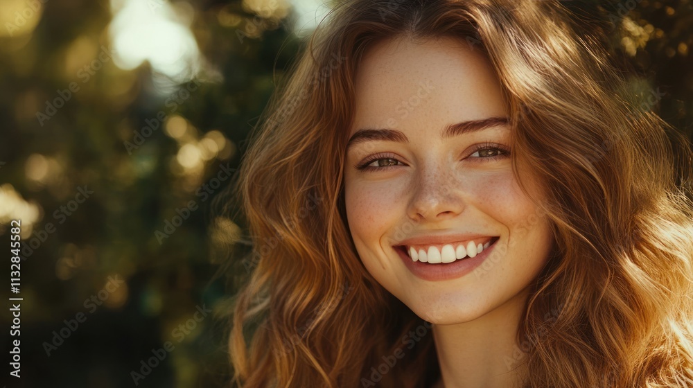Fototapeta premium Beautiful white smiling latin woman with long shiny wavy hair