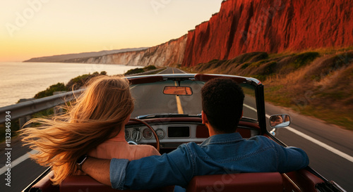  Friends in a convertible car, wind blowing through their hair, driving along a coastal highway with dramatic cliff views and open sky for typography photo