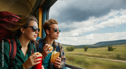 Young travelers looking out train windows, sharing snacks and excitement