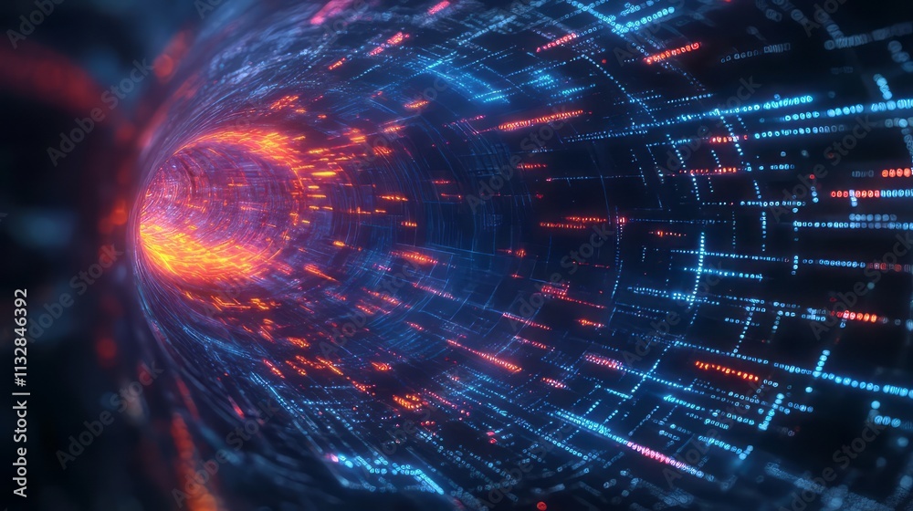 Fototapeta premium Surreal cyber technologic digital tunnel design, neon light streaks motion graphics. Hypnotizing tunnel pov/fpv flight. High speed moving through glowing corridor. Binary code matrix particles