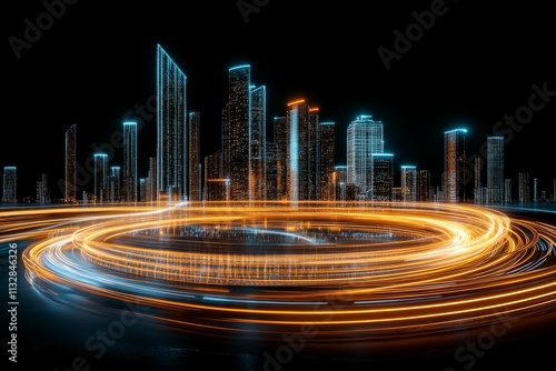  Líneas circulares de luz naranja y azul girando frente a un fondo urbano futurista con rascacielos iluminados.

