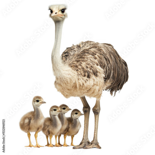 Ostrich with chicks, protective and playful