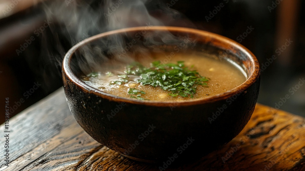 Cozy close-up of herb-infused soup in a rustic kitchen a culinary delight in food photography Cozy close-up of herb-infused soup in a rustic kitchen a culinary delight in food photography