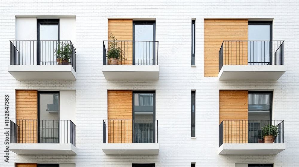 Fototapeta premium Minimalist luxury apartment facade with contemporary balconies