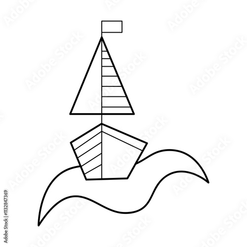 Front view of boat on a wave black outline. Doodle clip art for your projects.