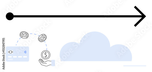 Transaction flow with credit card, coins, and hand icon, all directed towards cloud under an arrow. Ideal for digital payment solutions, finance technology, cloud banking, money transfer, online