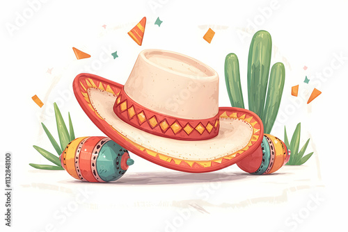 Colorful sombrero with maracas and cacti in a festive, vibrant, and playful design suitable for celebrations and cultural events photo