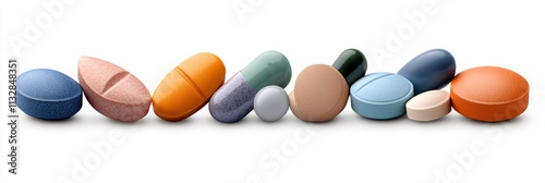 Una fila de píldoras multicolores de distintas formas y tamaños, destacadas sobre un fondo blanco limpio y minimalista.
