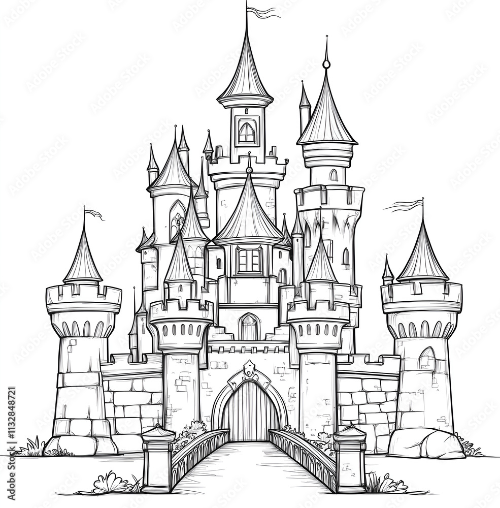 Obraz premium fairy tale castle with turrets, drawbridge, and ornate gates coloring page