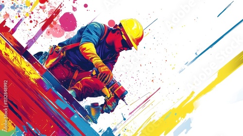 Construction worker using a drill, vibrant colorful design. photo