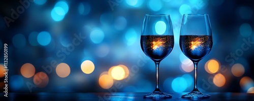 Happy New Year champagne glasses, golden sparkles swirling, blue abstract defocused bokeh lights, festive toast theme, richly detailed and elegant style photo