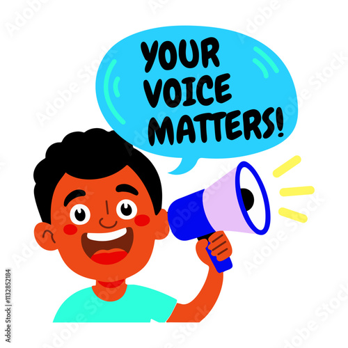 A flat sticker featuring a character making an announcement with voice matter typography