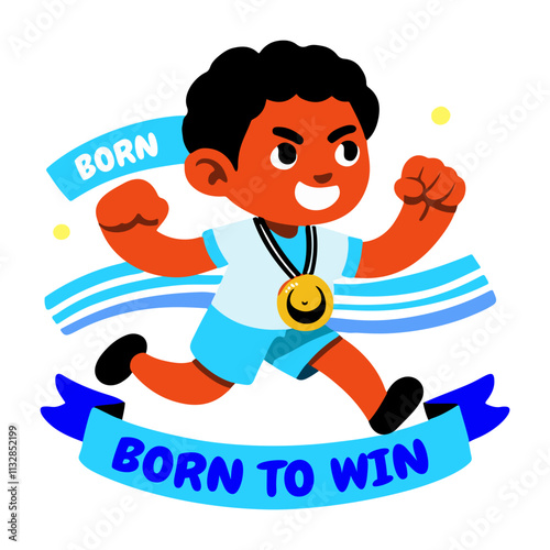 A flat sticker of a winner character wearing gold medal 