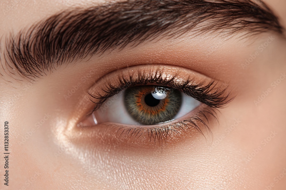 Fototapeta premium Close-up of a beautifully made-up eye with hazel iris, defined brows, and natural-looking lashes.