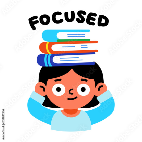 A flat sticker of a student carrying books on his head with focused typography 