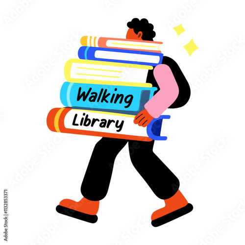 A flat sticker of a character holding of books with walking library text 